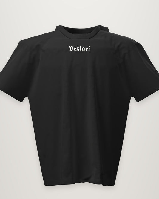 VEXLARI Gothic Wordmark Tee in Jet Black, front view