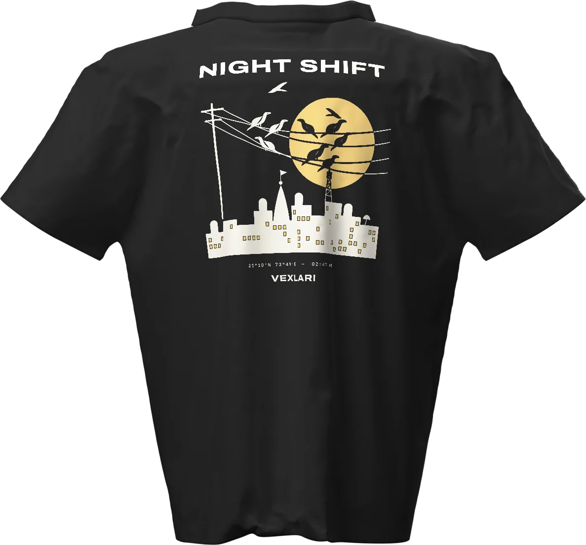 Night Shift tee in Jet Black, back print with the moon over Surat